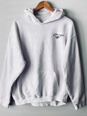 Ford Mustang Hoodie Mens M White Classic Tri Bar Logo Running Pony Sweatshirt